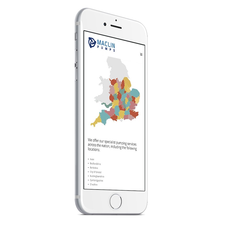 Hero shot of mobile phone displaying Maclin Pumps responsive website design