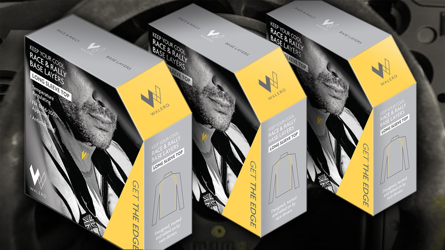 Walero packaging design carton with a full bleed image on front resting with steering wheel background